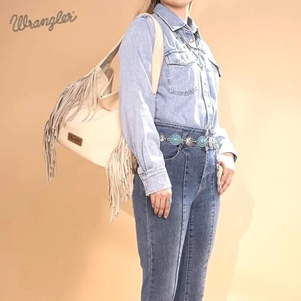 NEW Wrangler Shiloh Fringe Studded Leather Hobo Shoulder Bag Purse‎ Western Boho